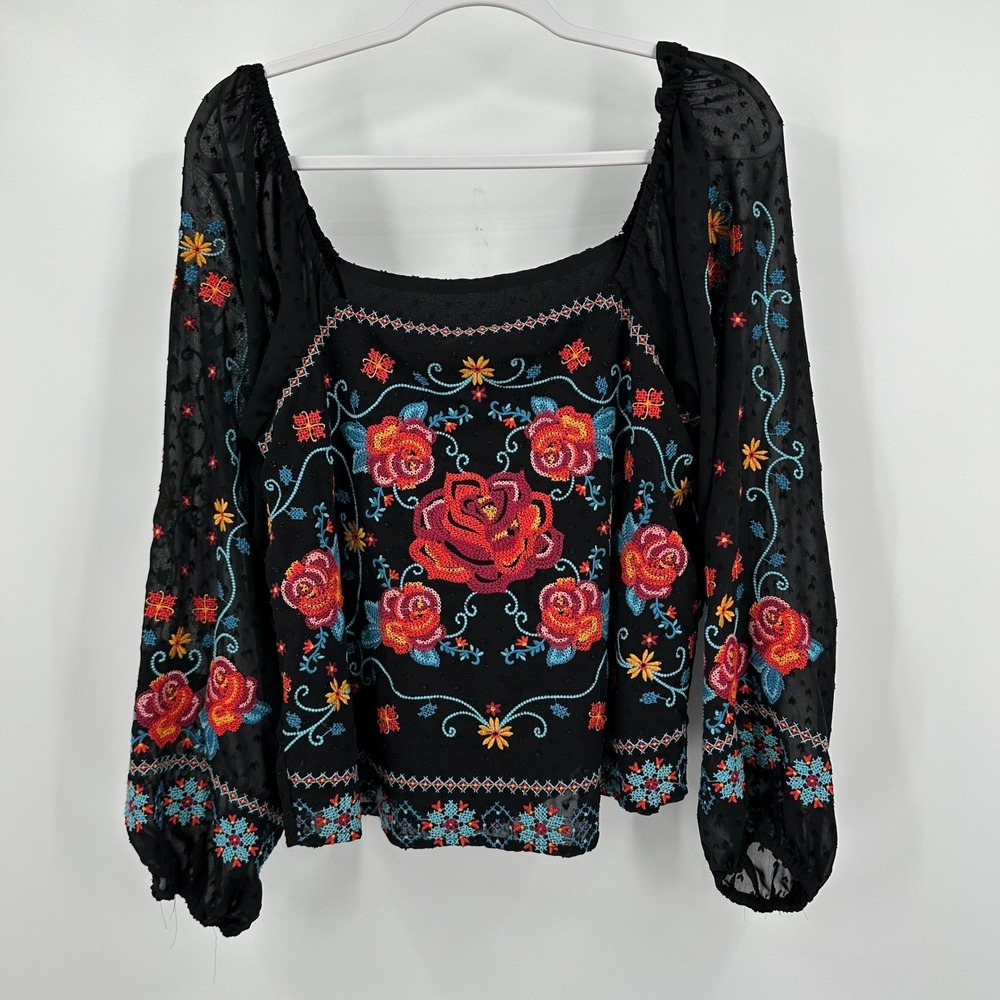 Womens Boho Floral Embroidered Top Size M Folk Gypsy Romantic Festival Peasant